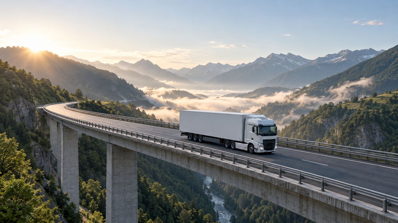 Camión de carga internacional en ruta hacia una plataforma de distribución